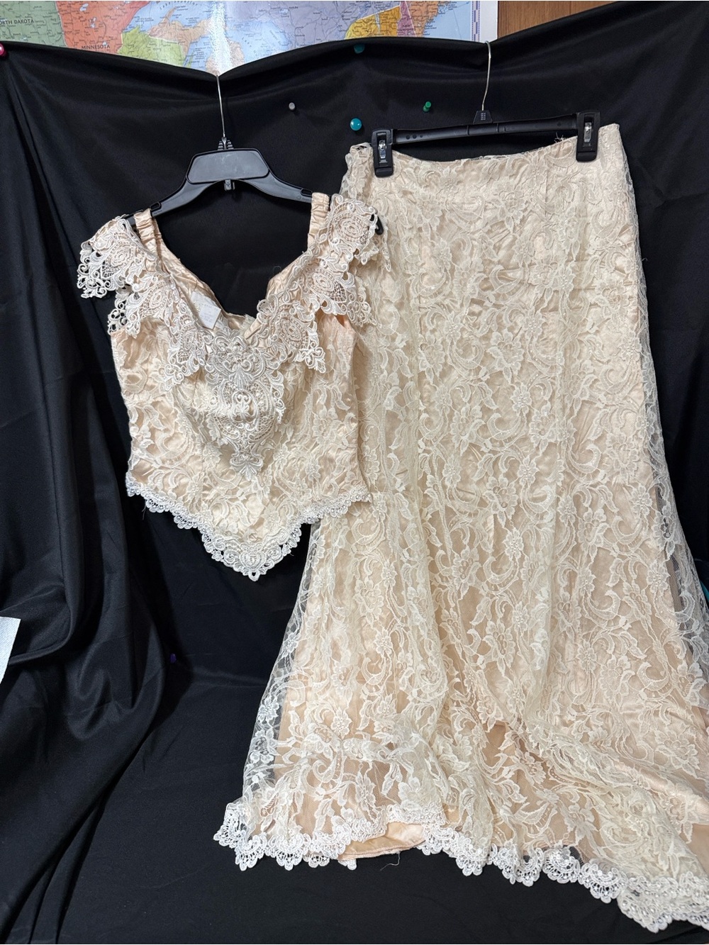Vintage Elegant Cream Lace Maxi Skirt and Crop Top Set